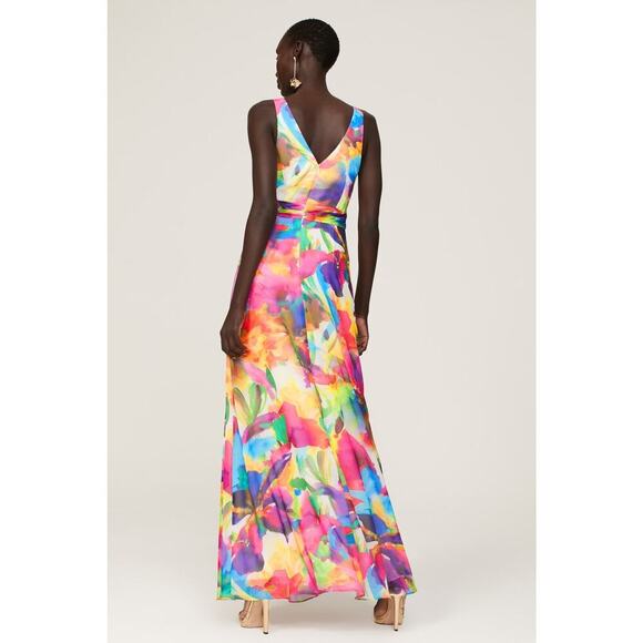LIV FOSTER Tie Dye Multicolor Floral Abstract Side Cutout A-Line Gown Size 10 - Picture 3 of 16